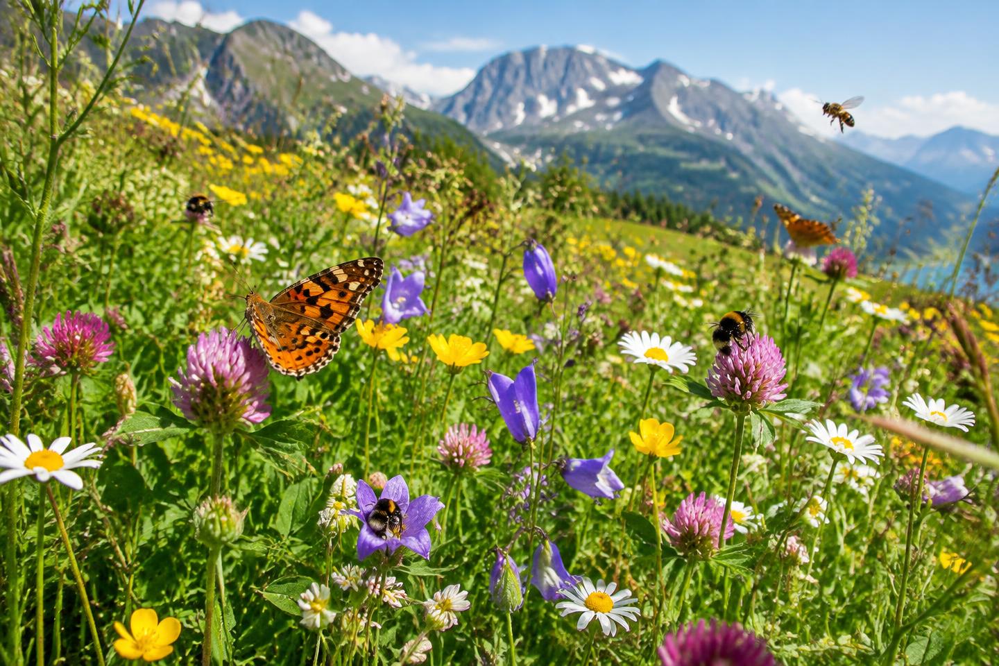 Blumenwiese mit Bienen, Hummeln und Schmetterlingen